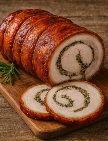 Porchetta arrostita affettata con ripieno di erbe su tagliere di legno