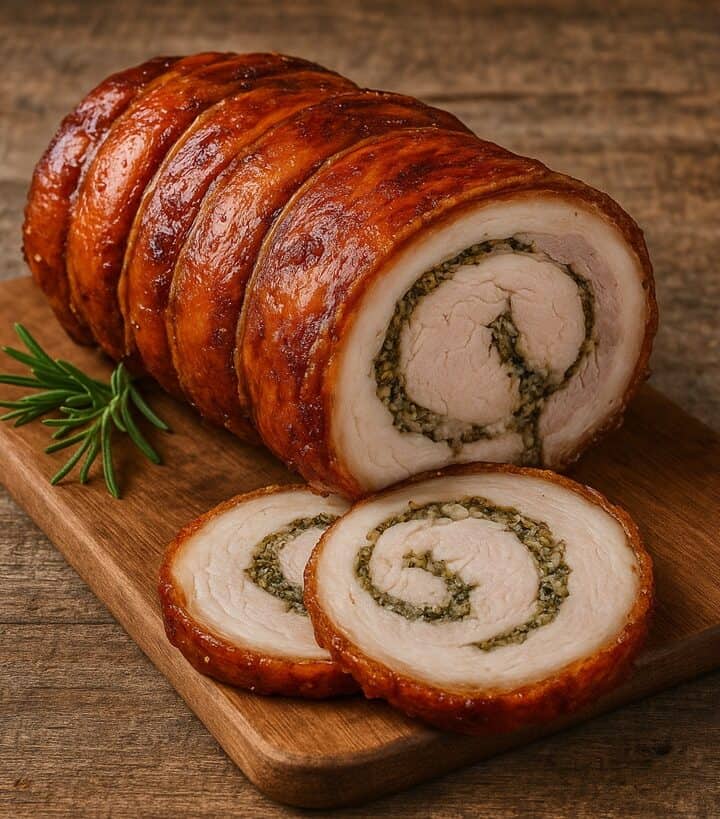 Porchetta arrostita affettata con ripieno di erbe su tagliere di legno