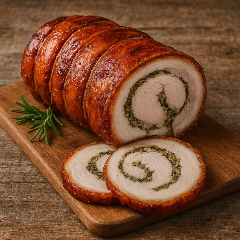 Porchetta arrostita affettata con ripieno di erbe su tagliere di legno