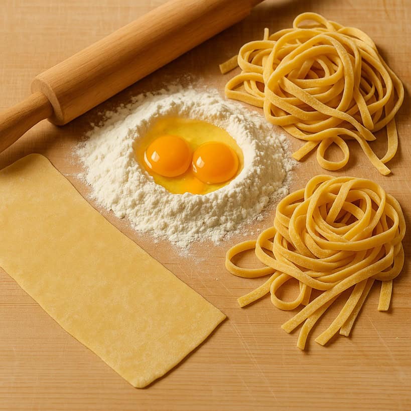 Farina, uova e tagliatelle fresche su spianatoia in legno con mattarello