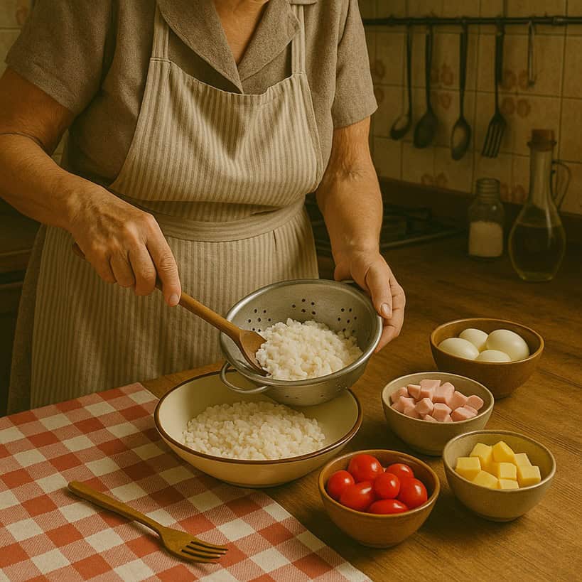 Donna in grembiule che prepara un insalata di riso in una ciotola in cucina rustica anni ’70