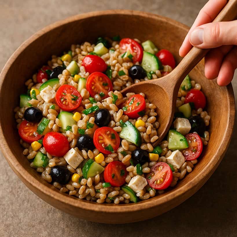 Mano che mescola insalata di farro con cucchiaio in ciotola rustica