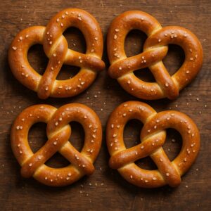 Quattro pretzel dorati con granelli di sale grosso su tagliere in legno