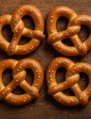 Quattro pretzel dorati con granelli di sale grosso su tagliere in legno