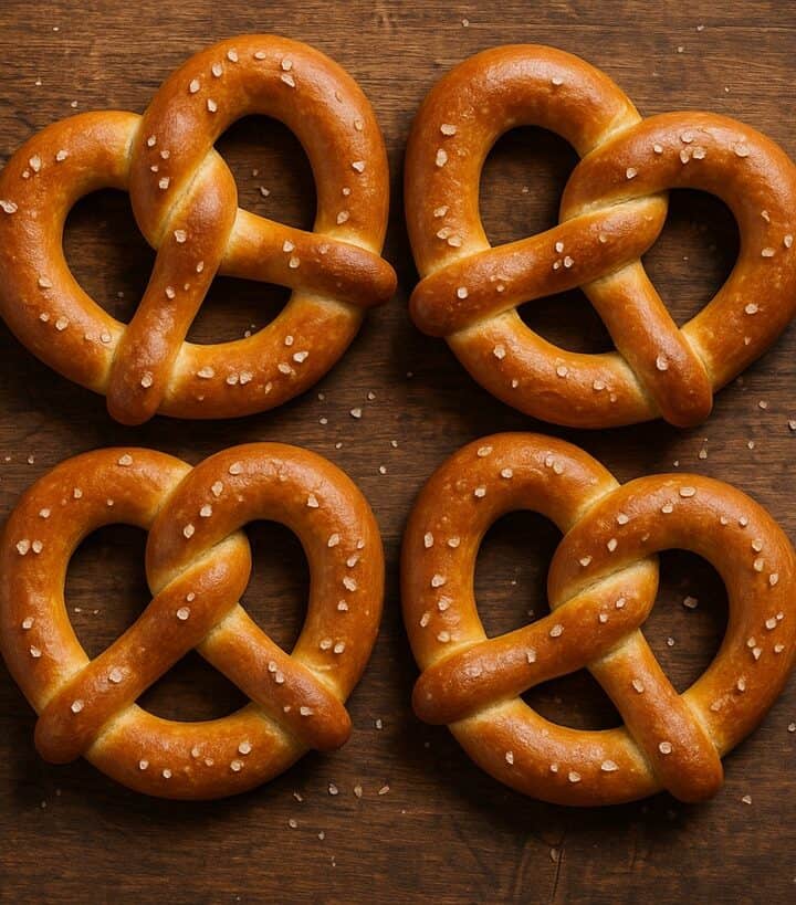Quattro pretzel dorati con granelli di sale grosso su tagliere in legno