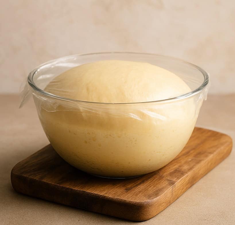 Pasta brioche messa in una ciotola di vetro e coperta con pellicola trasparente per la prima lievitazione 