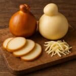 Formaggi provola affumicata e dolce tagliati su tagliere in legno