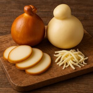 Formaggi provola affumicata e dolce tagliati su tagliere in legno