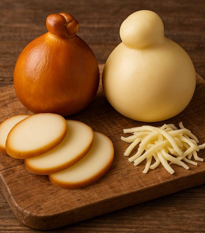 Formaggi provola affumicata e dolce tagliati su tagliere in legno