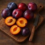 Prugne viola e rosse con polpa arancione su tagliere di legno