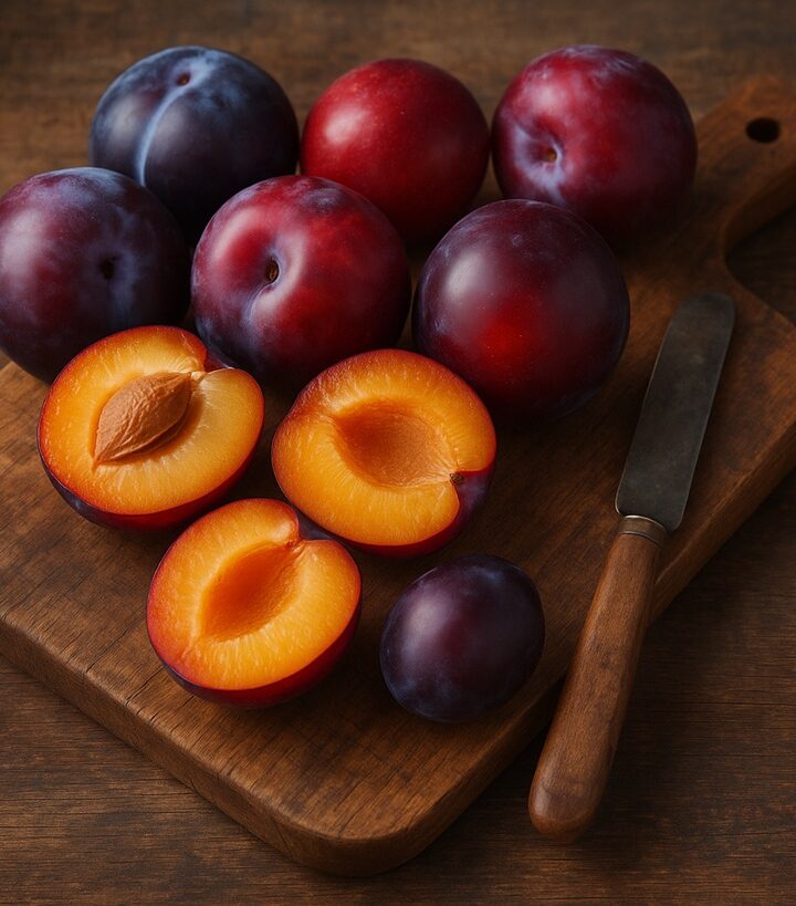 Prugne viola e rosse con polpa arancione su tagliere di legno