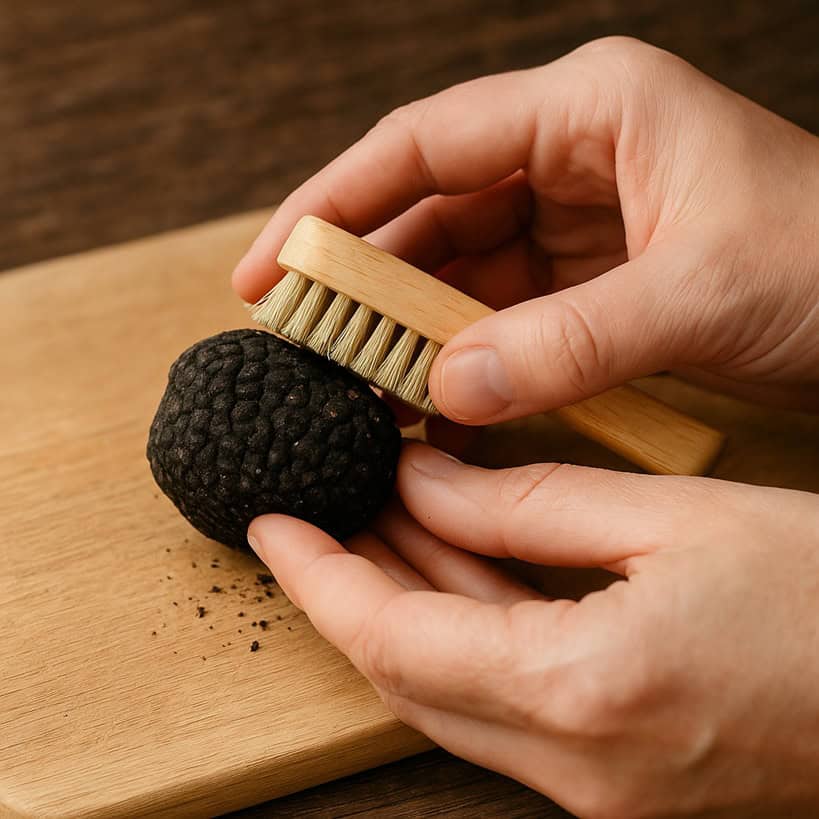 Mani che spazzolano un tartufo nero 