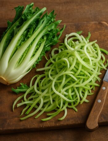 Puntarelle intere e a listarelle su tagliere in legno con coltello