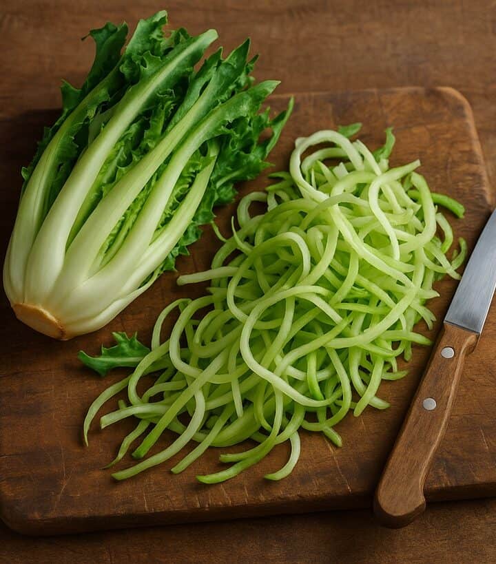 Puntarelle intere e a listarelle su tagliere in legno con coltello