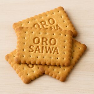 Quattro biscotti Oro Saiwa disposti su uno sfondo neutro.