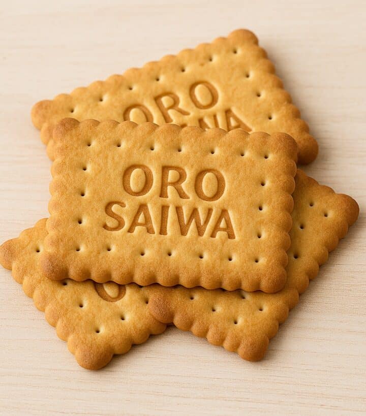 Quattro biscotti Oro Saiwa disposti su uno sfondo neutro.