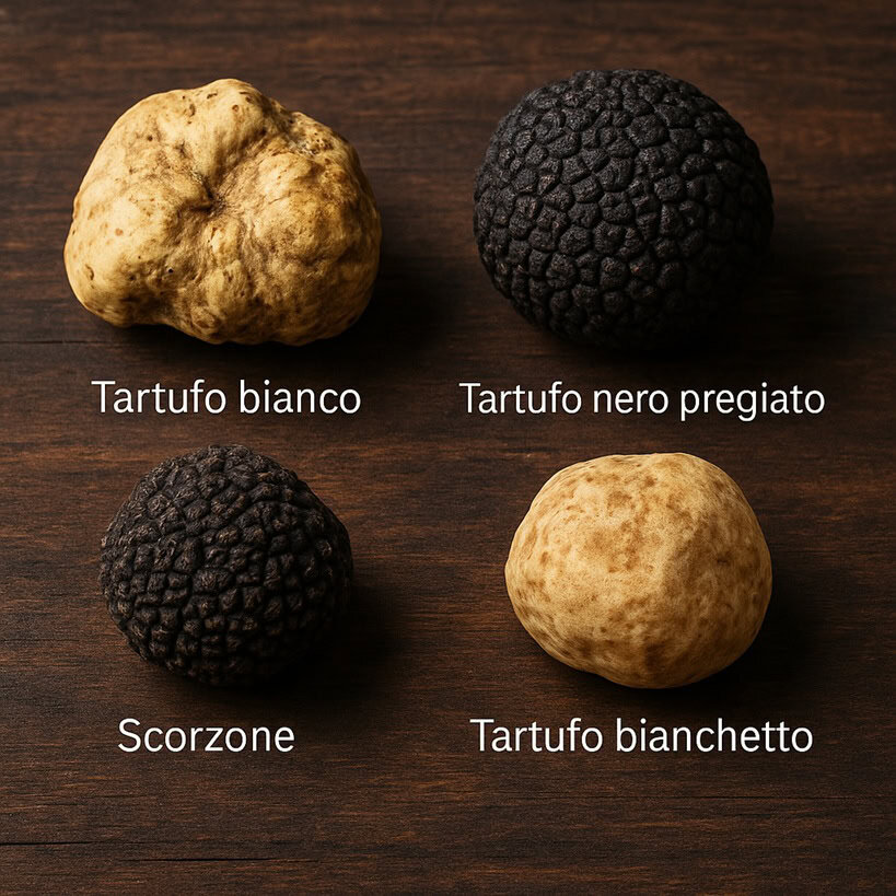 Tartufo bianco, nero pregiato, scorzone e bianchetto su fondo in legno scuro