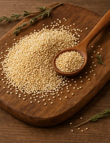 Semi di quinoa chiara con cucchiaio di legno su tagliere in legno