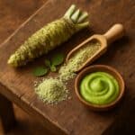 Radice di wasabi, polvere e pasta su tagliere in legno