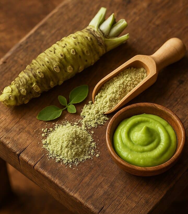 Radice di wasabi, polvere e pasta su tagliere in legno