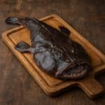 Rana pescatrice fresca con pelle scura su tagliere di legno rustico