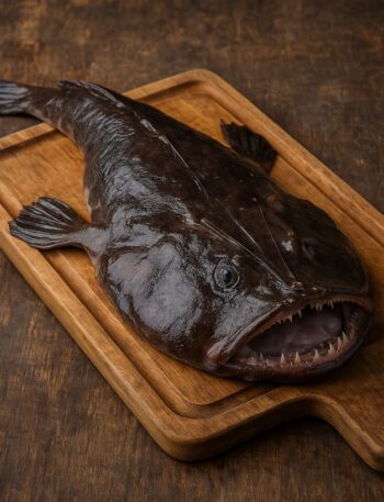 Rana pescatrice fresca con pelle scura su tagliere di legno rustico