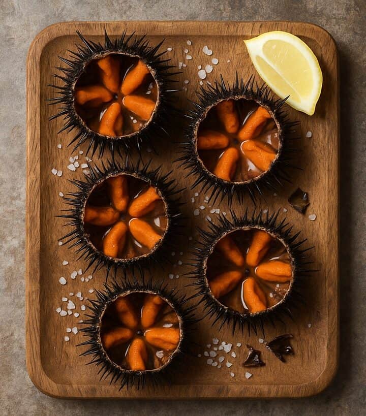 Ricci di mare freschi con uova arancioni su tagliere in legno e spicchio di limone