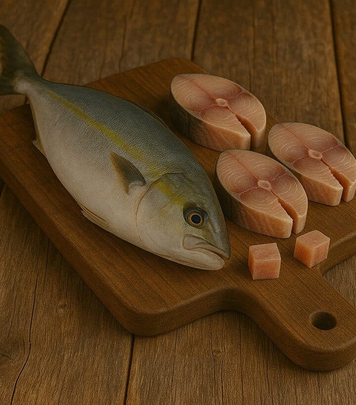 Ricciola intera con tranci freschi disposti su tagliere in legno