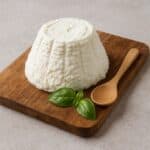 Ricotta bianca su tagliere di legno con cucchiaio e foglie di basilico