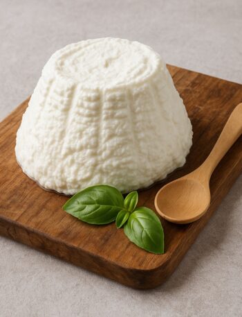 Ricotta bianca su tagliere di legno con cucchiaio e foglie di basilico