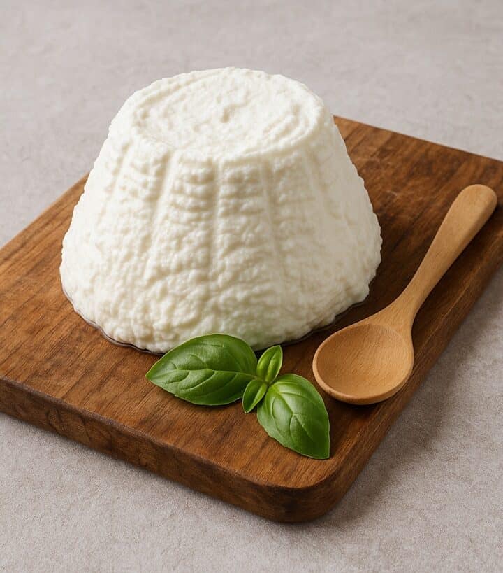 Ricotta bianca su tagliere di legno con cucchiaio e foglie di basilico