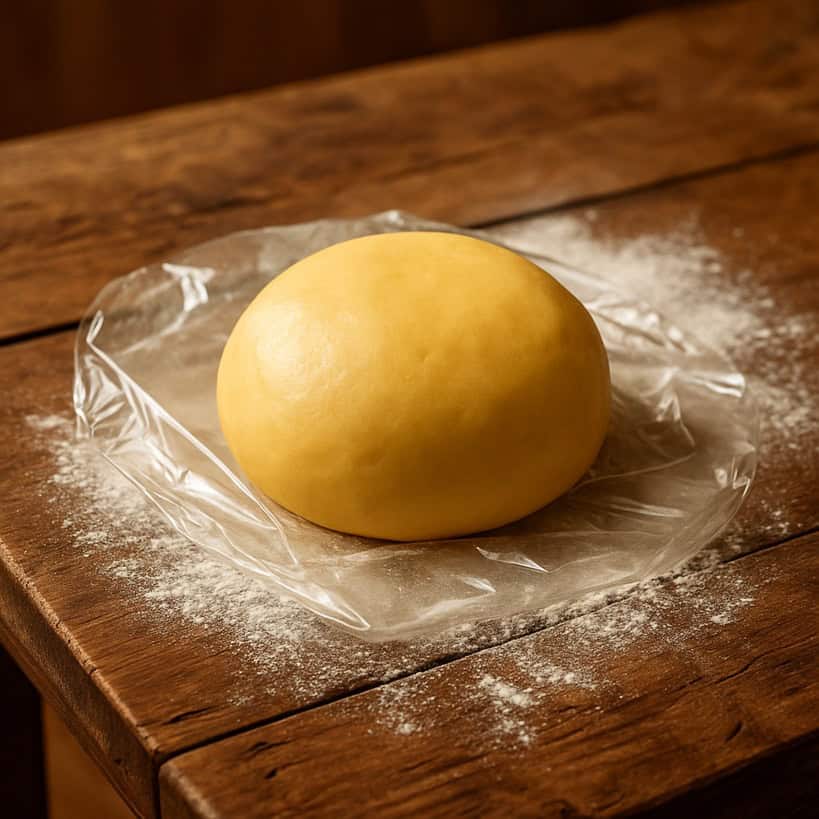 Primo piano su una palla di impasto di pasta brisé o brisée liscia e gialla posata su pellicola trasparente, su tavolo rustico cosparso di farina, con luce calda che esalta la superficie setosa del panetto.