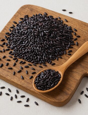 Riso Venere nero crudo su tagliere in legno con cucchiaio colmo