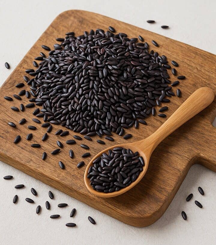 Riso Venere nero crudo su tagliere in legno con cucchiaio colmo
