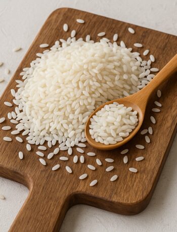 Chicchi di riso bianco su tagliere di legno con cucchiaio in legno