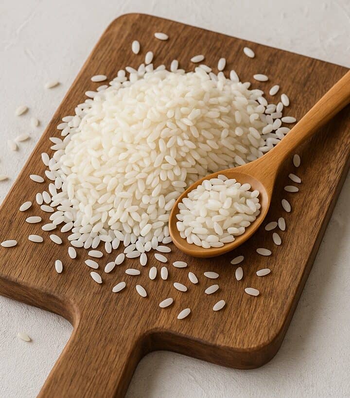 Chicchi di riso bianco su tagliere di legno con cucchiaio in legno