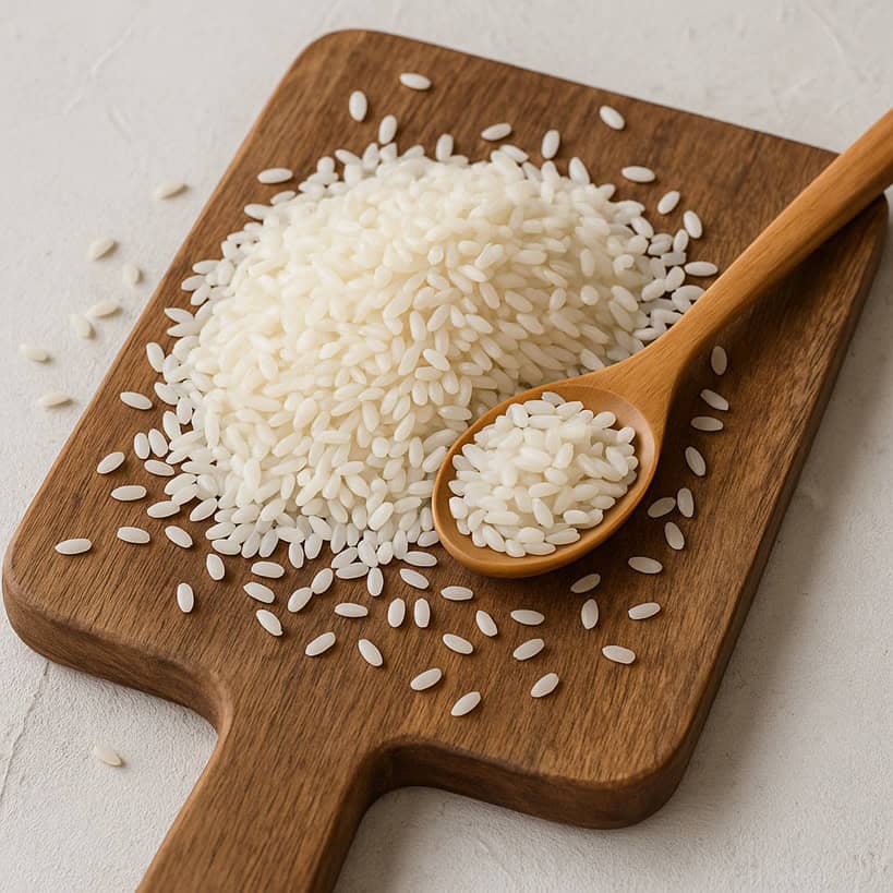 Chicchi di riso bianco su tagliere di legno con cucchiaio in legno