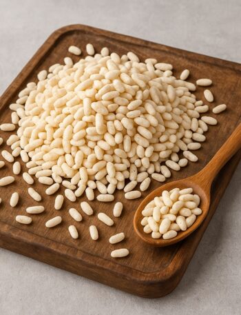 Chicchi di riso soffiato su tagliere in legno e cucchiaio colmo