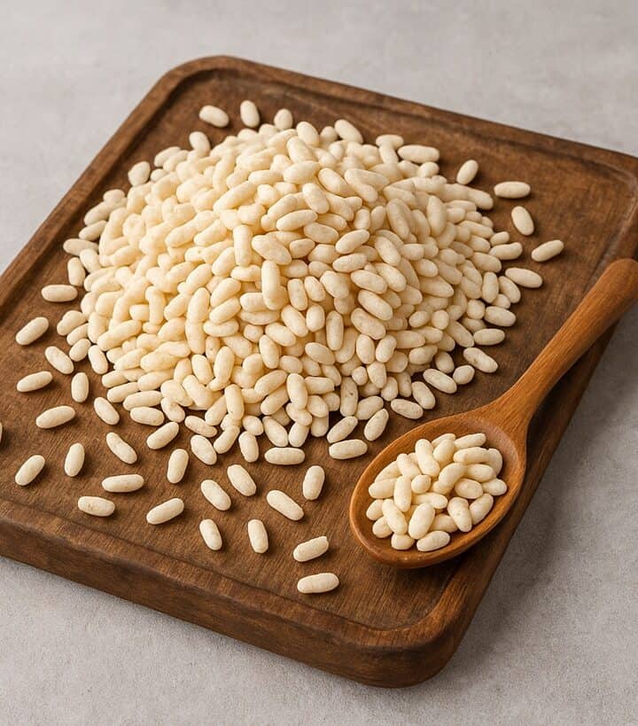 Chicchi di riso soffiato su tagliere in legno e cucchiaio colmo