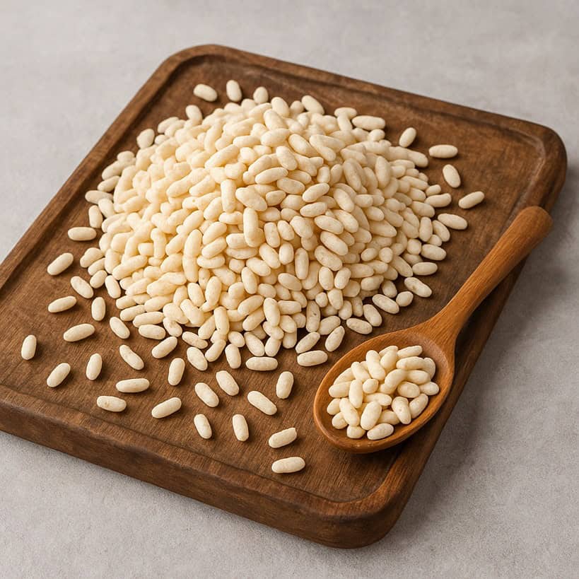 Chicchi di riso soffiato su tagliere in legno e cucchiaio colmo