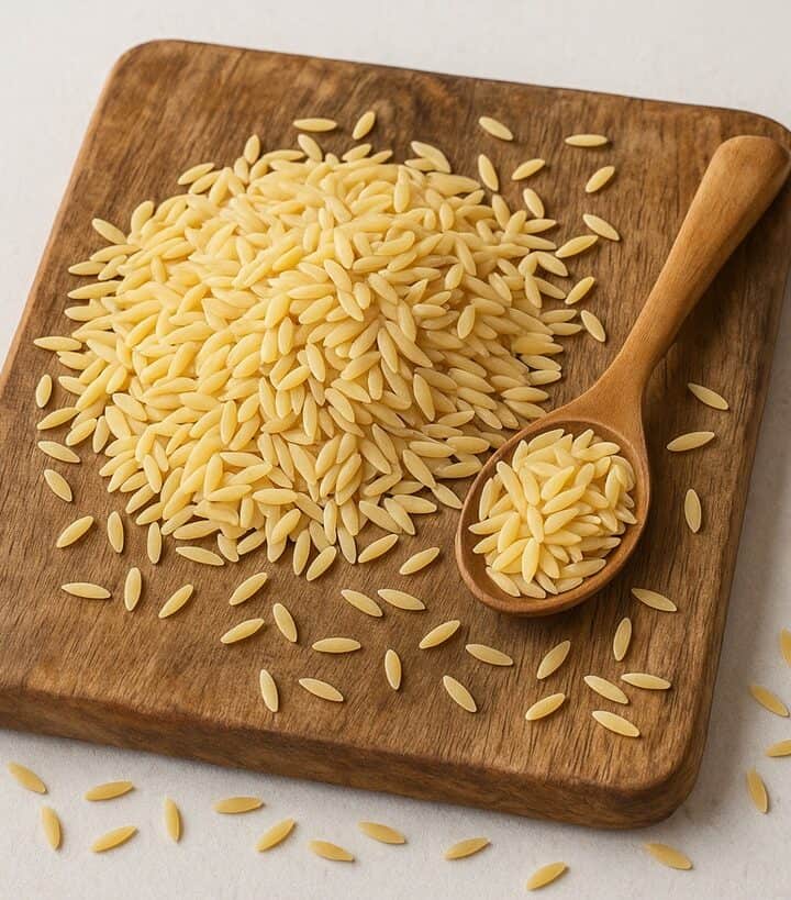 Risoni crudi disposti su tagliere in legno con cucchiaio colmo
