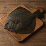 Rombo intero con pelle scura su tagliere in legno