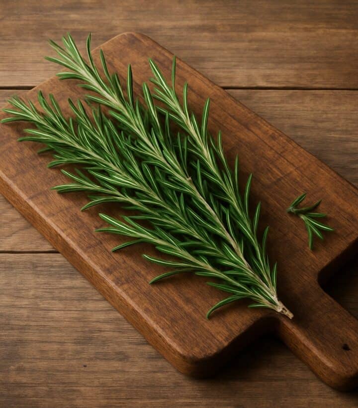 rosmarino verde su tagliere in legno rustico