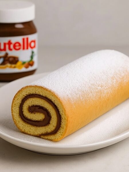 Rotolo alla Nutella su piatto bianco