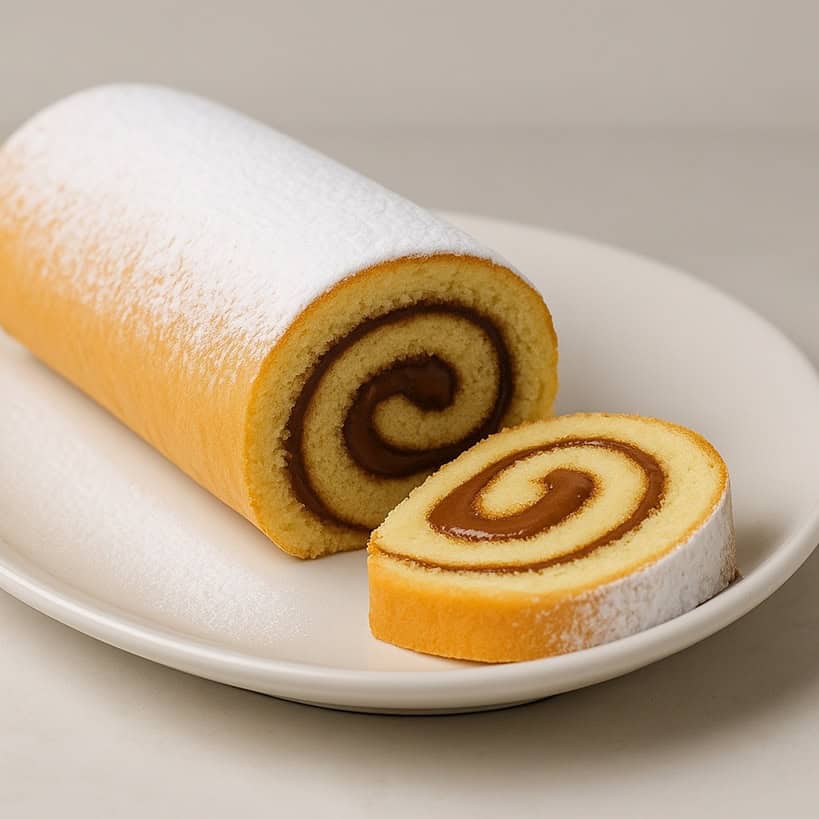 Rotolo alla Nutella su piatto bianco con una fetta tagliata in primo piano