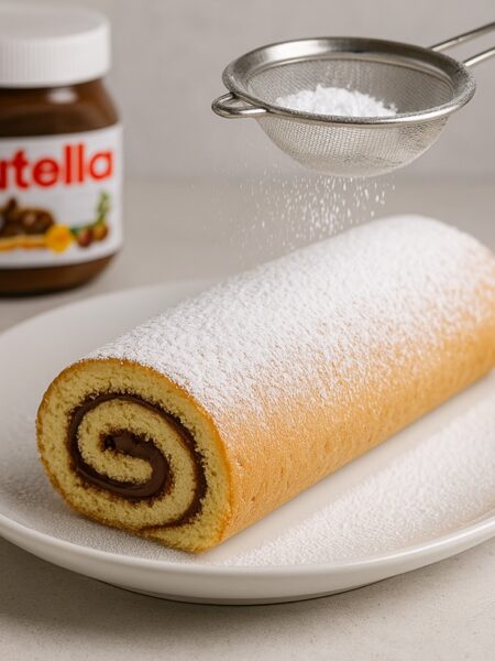 Rotolo alla Nutella spolverato di zucchero a velo su piatto bianco