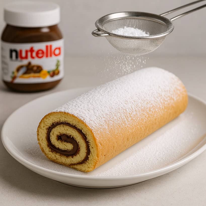 Rotolo alla Nutella spolverato di zucchero a velo su piatto bianco