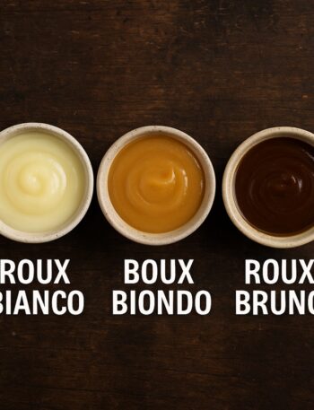 Ciotoline con roux bianco, roux biondo e roux bruno disposte su un tagliere in legno rustico