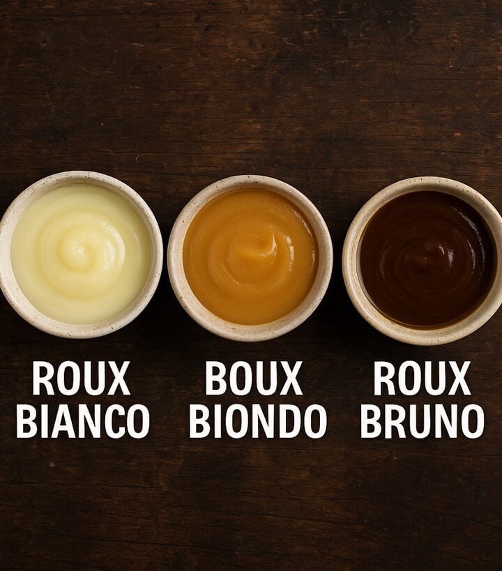 Ciotoline con roux bianco, roux biondo e roux bruno disposte su un tagliere in legno rustico