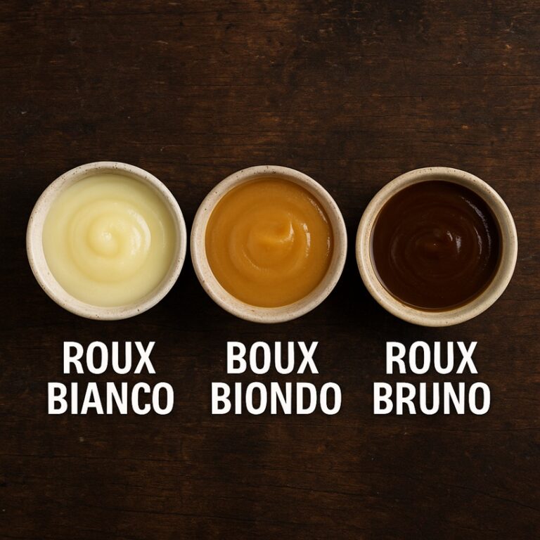 Ciotoline con roux bianco, roux biondo e roux bruno disposte su un tagliere in legno rustico